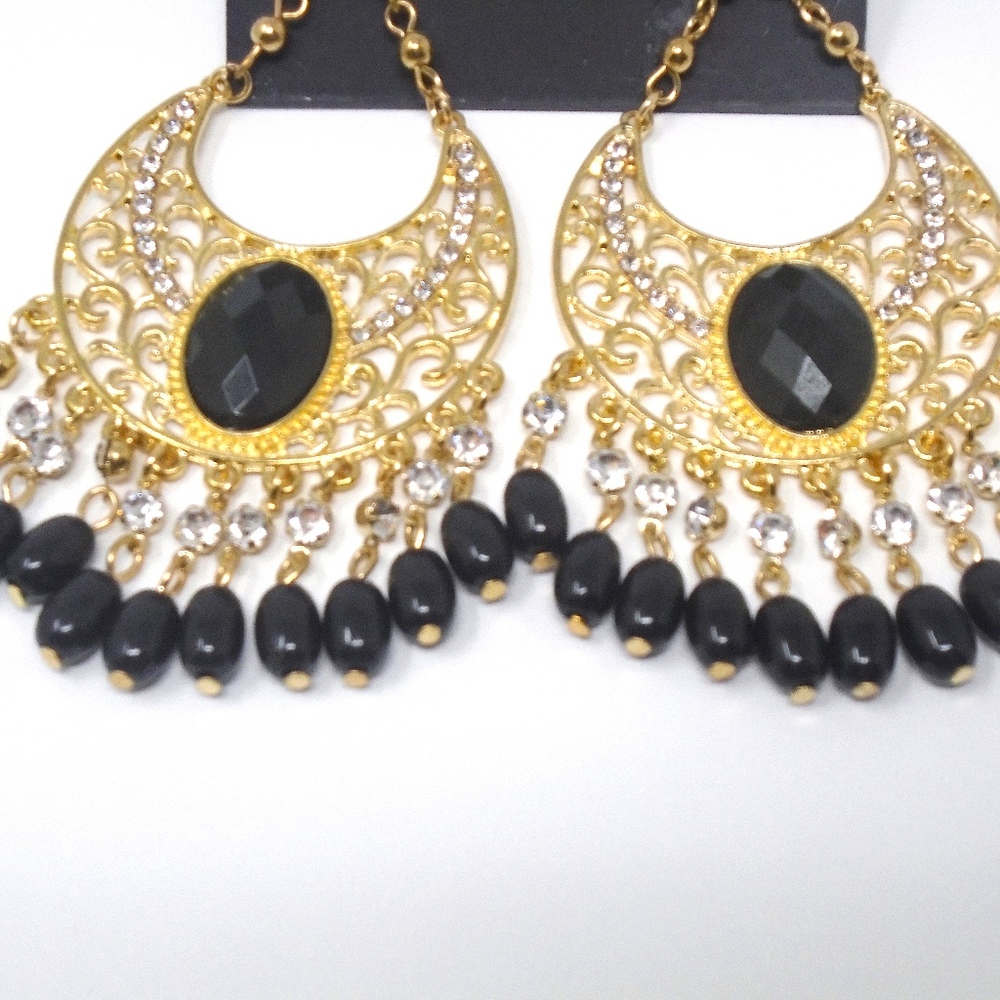 CHANDELIER GOLD & BLACK CRYSTAL STATEMENT EARRINGS